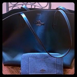 Turquoise metallic coach tote and wallet NWOT